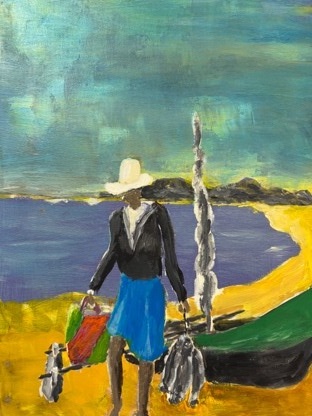 Bild 17 | Madagassin mit Fischerboot | Acryl auf Leinwand, 35x50cm | 290 €